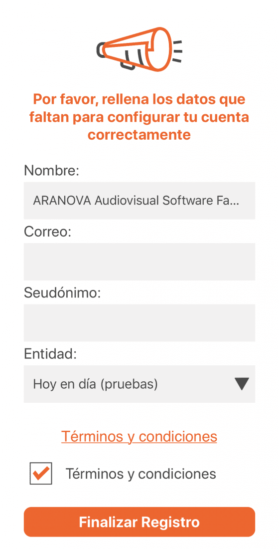 Pantalla de registro